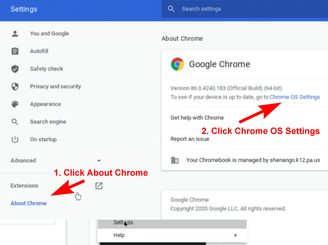 About Chrome, then OS Settings